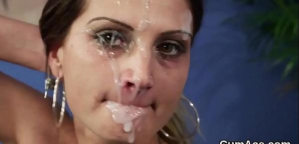  Naughty bombshell gets cumshot on her face gulping all the jizz